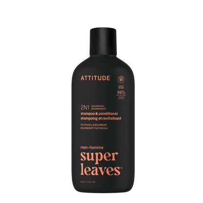 Super leaves 2-i-1 schampo och balsam – Patchouli och bourbon, Attitude, 415 ml
