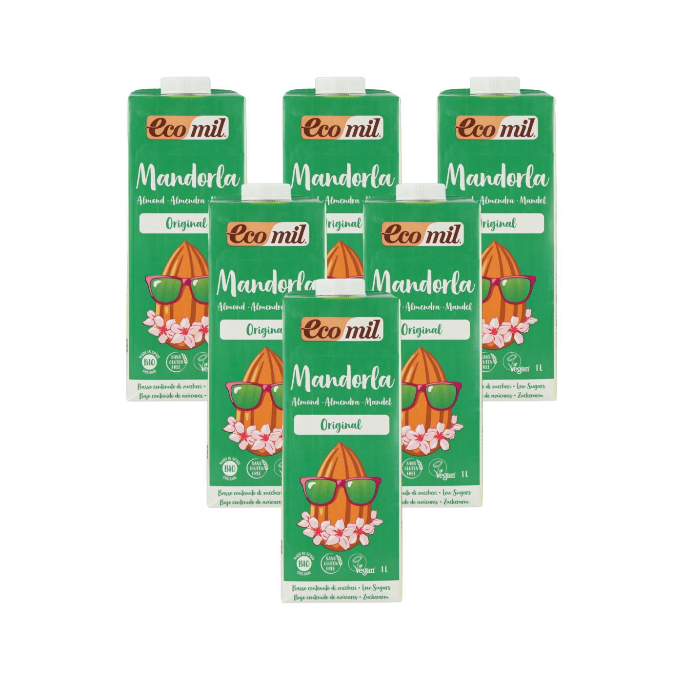 Pack of 6 Organic EcoMil Almond Drink sweetened with Agave 1L