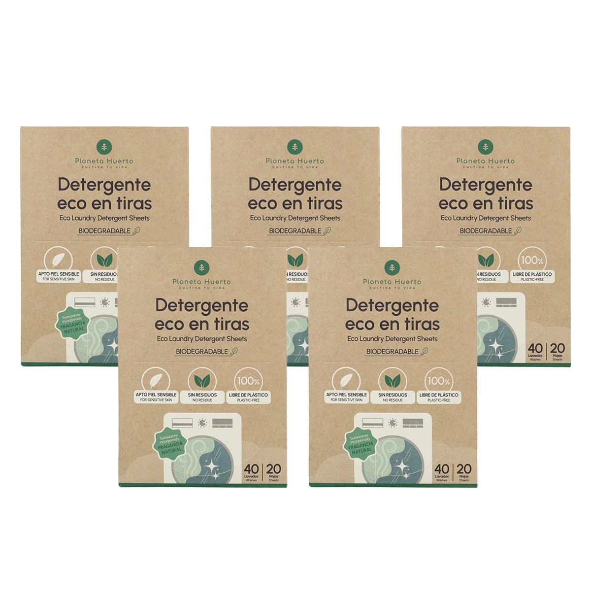 Pack 5 Eco-Tiras lessive et adoucissant Planeta Huerto 200 lavages