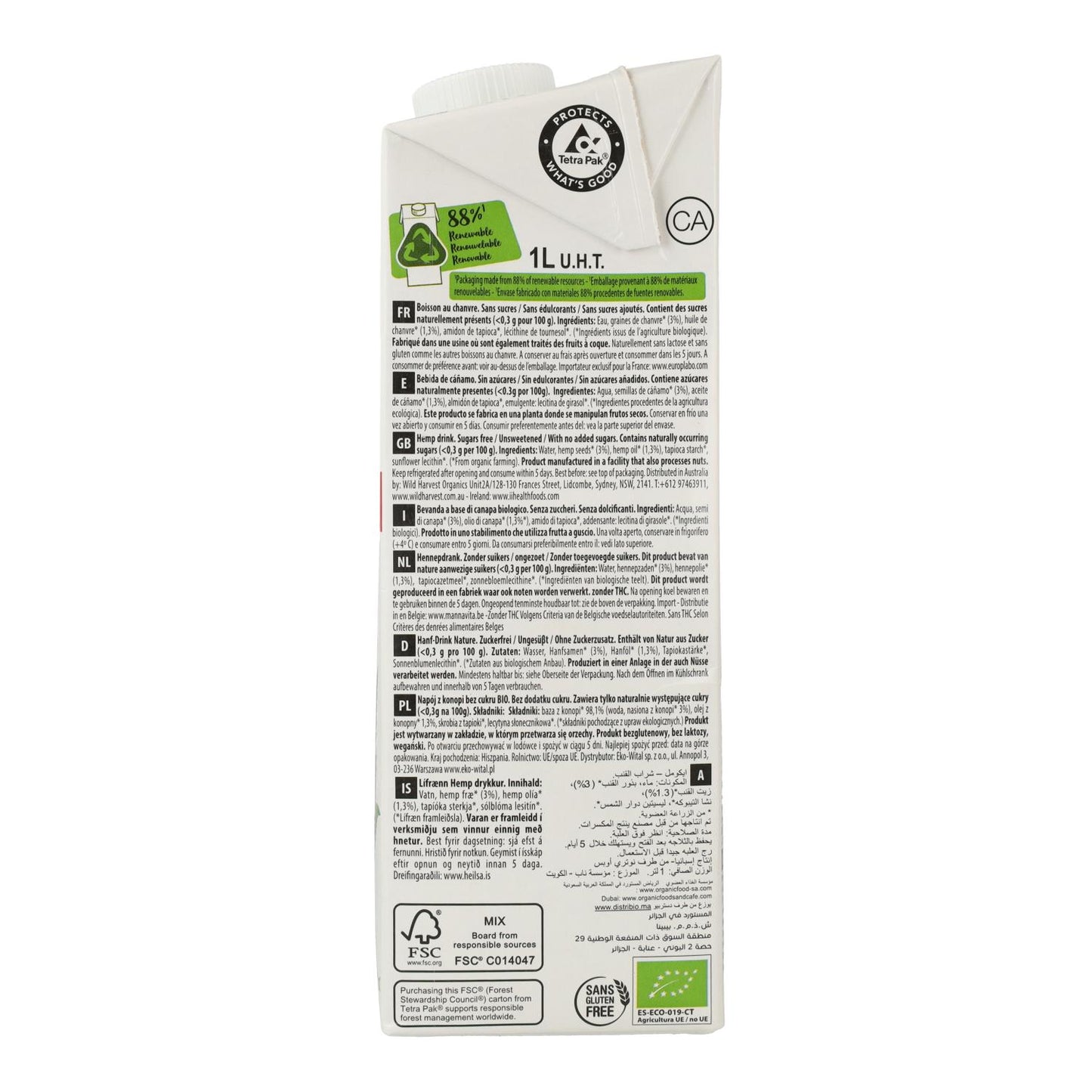 Boisson végétale au chanvre sans sucre bio Ecomil 1 L