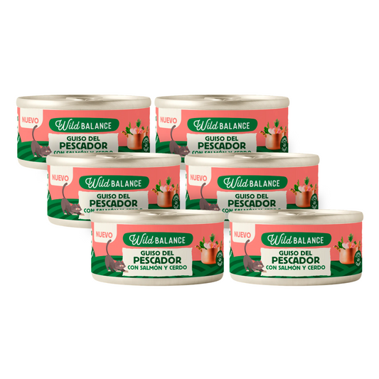 Pakket vissersstoofpotje met zalm en varkensvlees voor katten 6 x 80 g Wild Balance