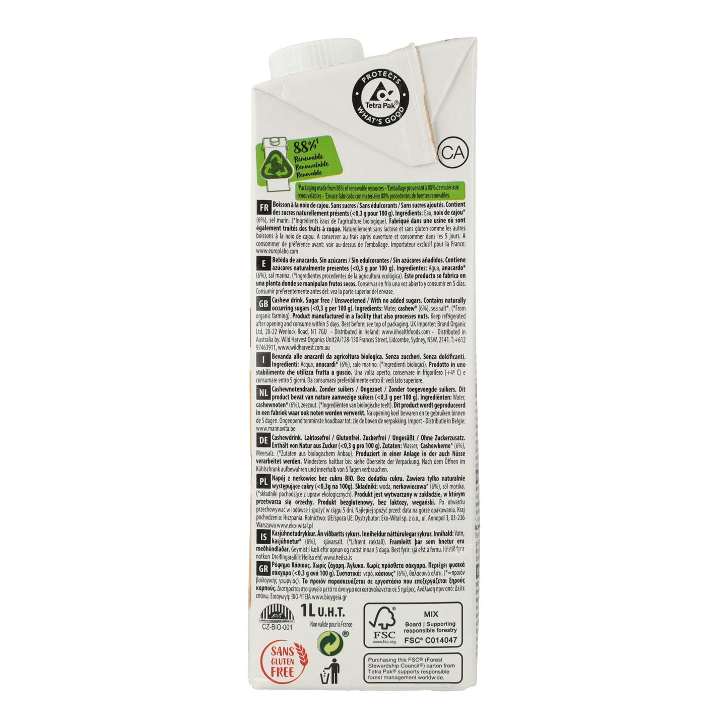6er-Packung Cashew-Pflanzendrink Nature Bio Ecomil 1 l
