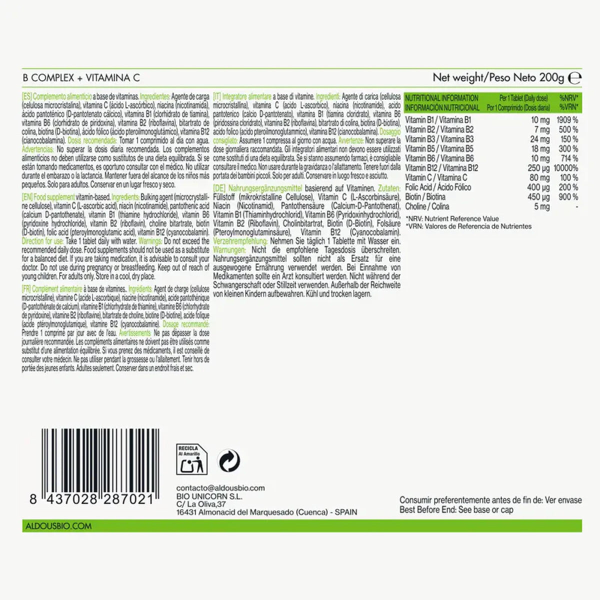 Vitamine B-complex + vitamine C Aldous 400 tabletten