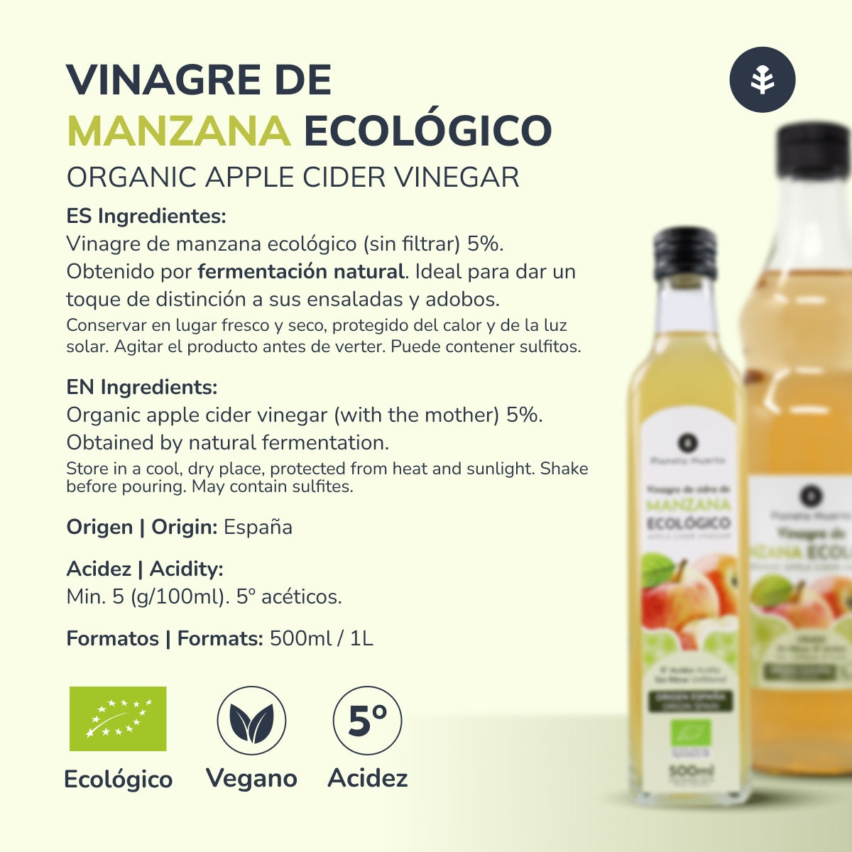 Pack of 2 x Planeta Huerto raw, unfiltered organic apple cider vinegar with the mother 1L