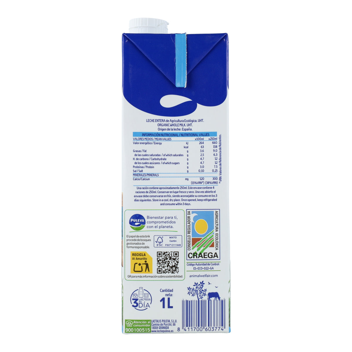 Pack of 6 Puleva Organic Whole Milk, 1 L