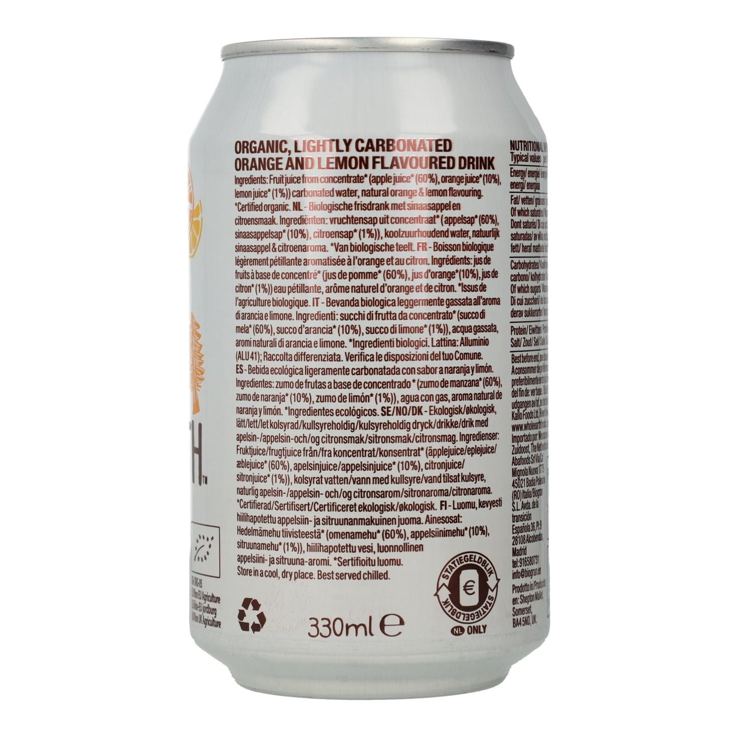 Boisson rafraîchissante bio orange et citron Whole Earth 330 ml