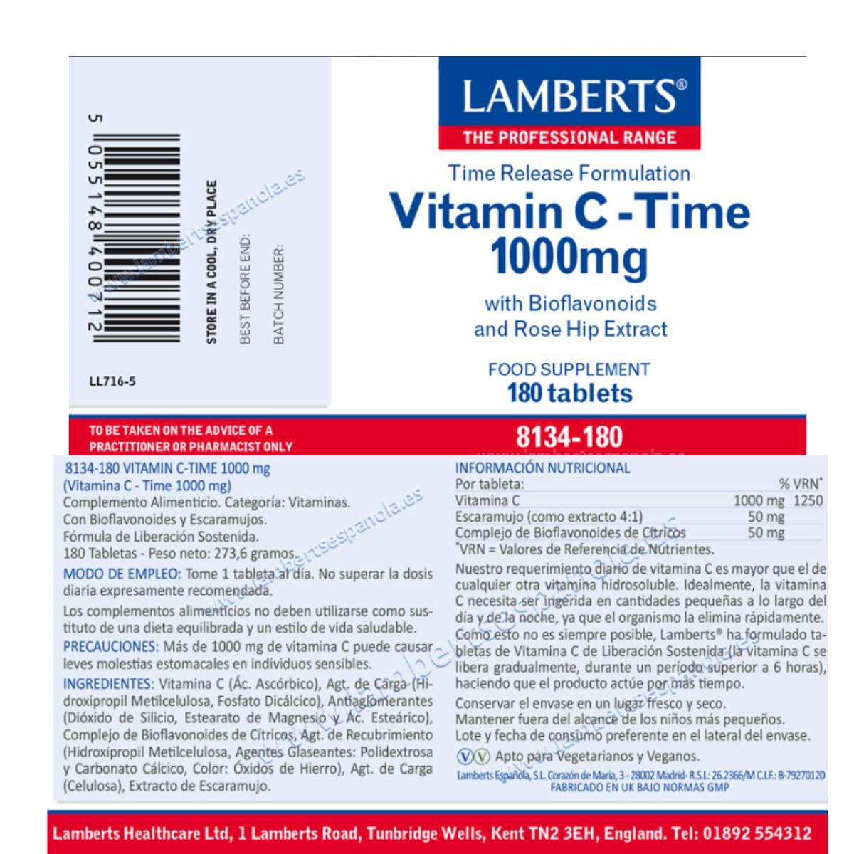 Witamina C o przedłużonym uwalnianiu 1000 mg Lamberts 180 tabletek