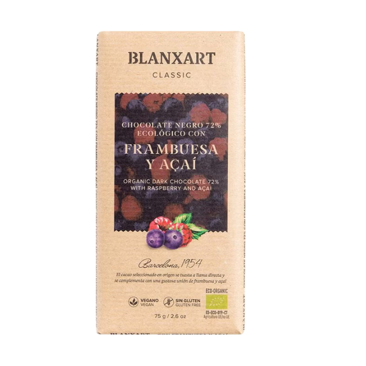 Schokolade 70 % Himbeere und Açaí Bio Vegan Glutenfrei Blanxart 75 g