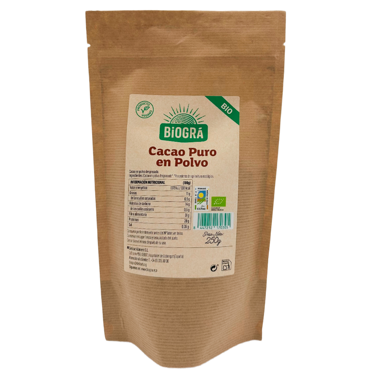 Ren ekologisk avfettad kakaopulver Biográ 250 g