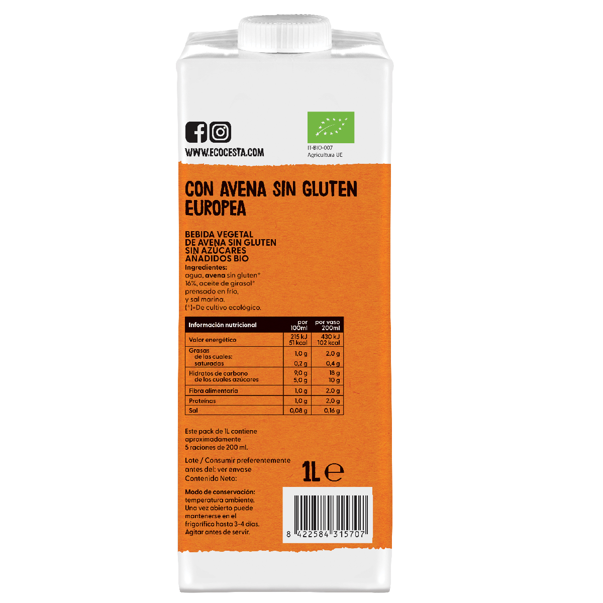 Pflanzliches Hafergetränk glutenfrei und ohne Zuckerzusatz Bio, 1 l Ecocesta