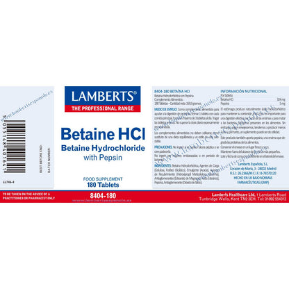 Bétaïne HCl 324 mg/Pepsine 5 mg Lamberts, 180 comprimés